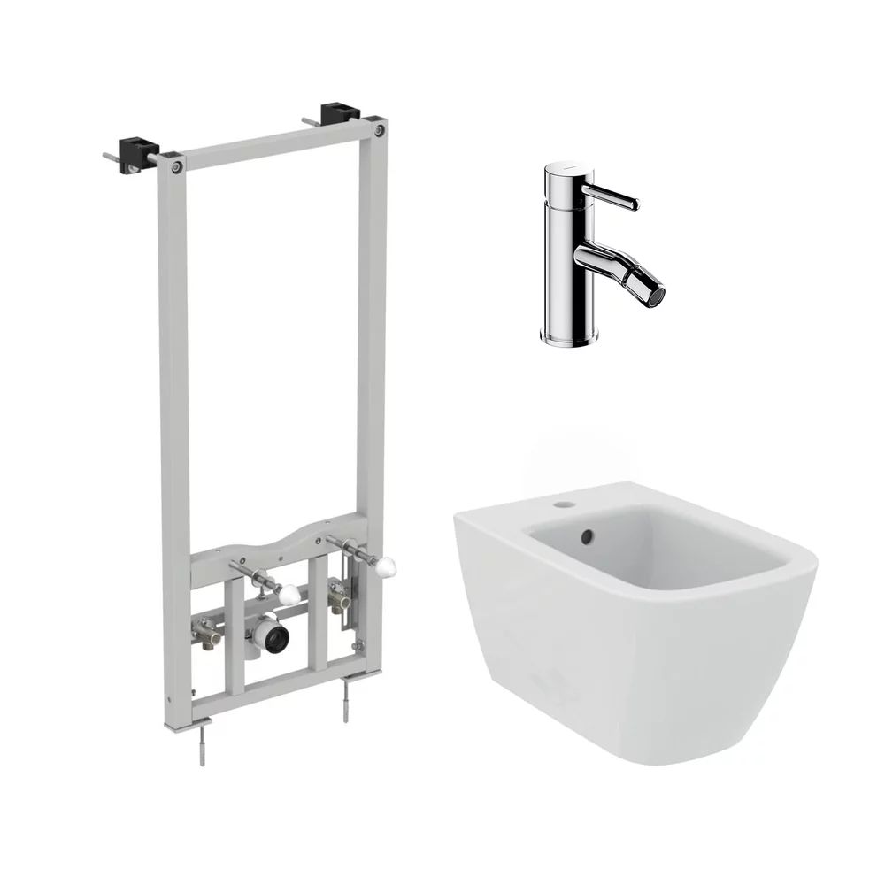 Pachet rama instalare Ideal Standard ProSys, bideu suspendat Ideal Standard I.life B alb si baterie bideu Omnires Y crom