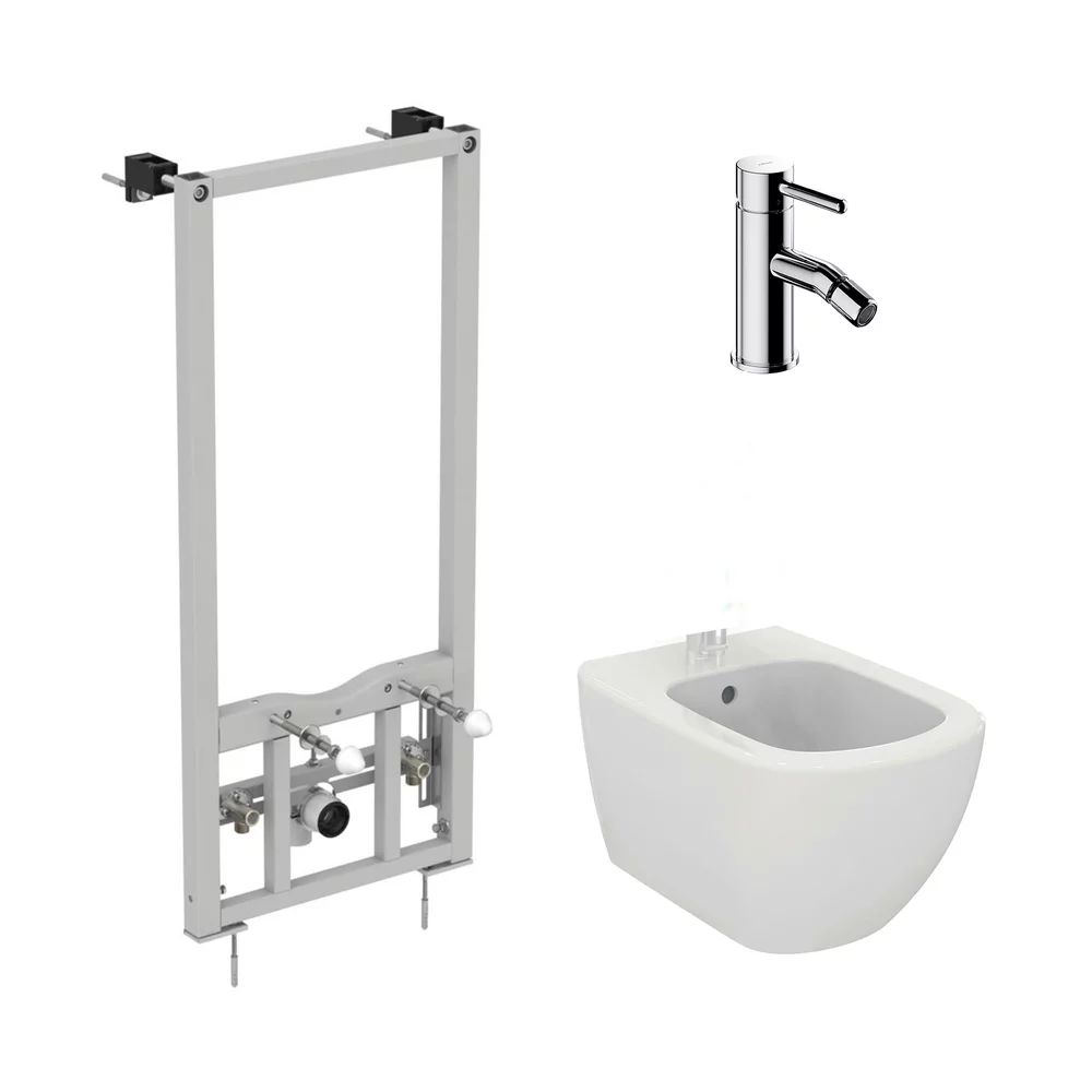 Pachet rama instalare Ideal Standard ProSys, bideu suspendat Ideal Standard Tesi alb si baterie bideu Omnires Y crom