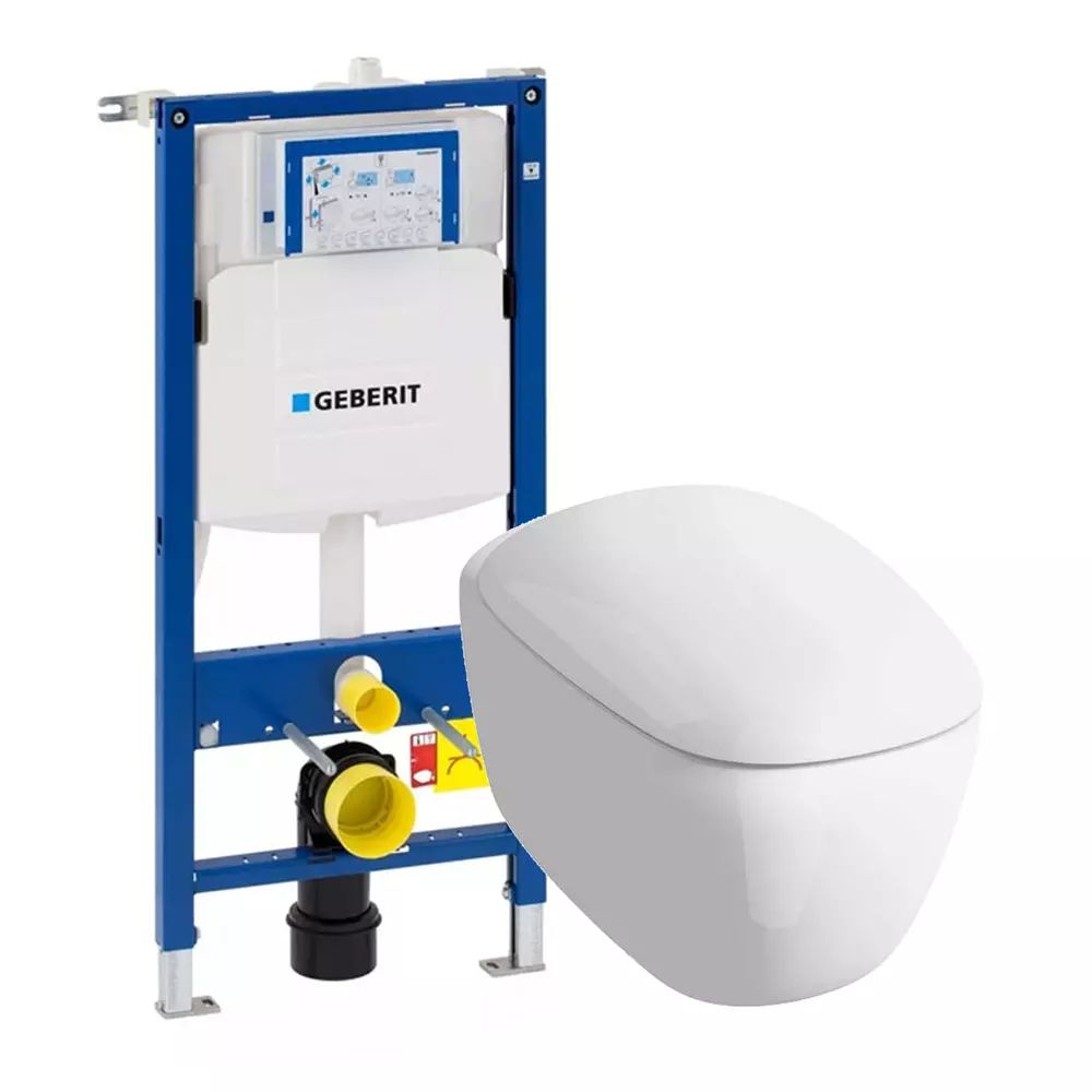 Pachet rezervor wc cu cadru incastrat Geberit Duofix si vas wc suspendat Geberit Citterio Rimfree alb si capac wc Geberit Citterio