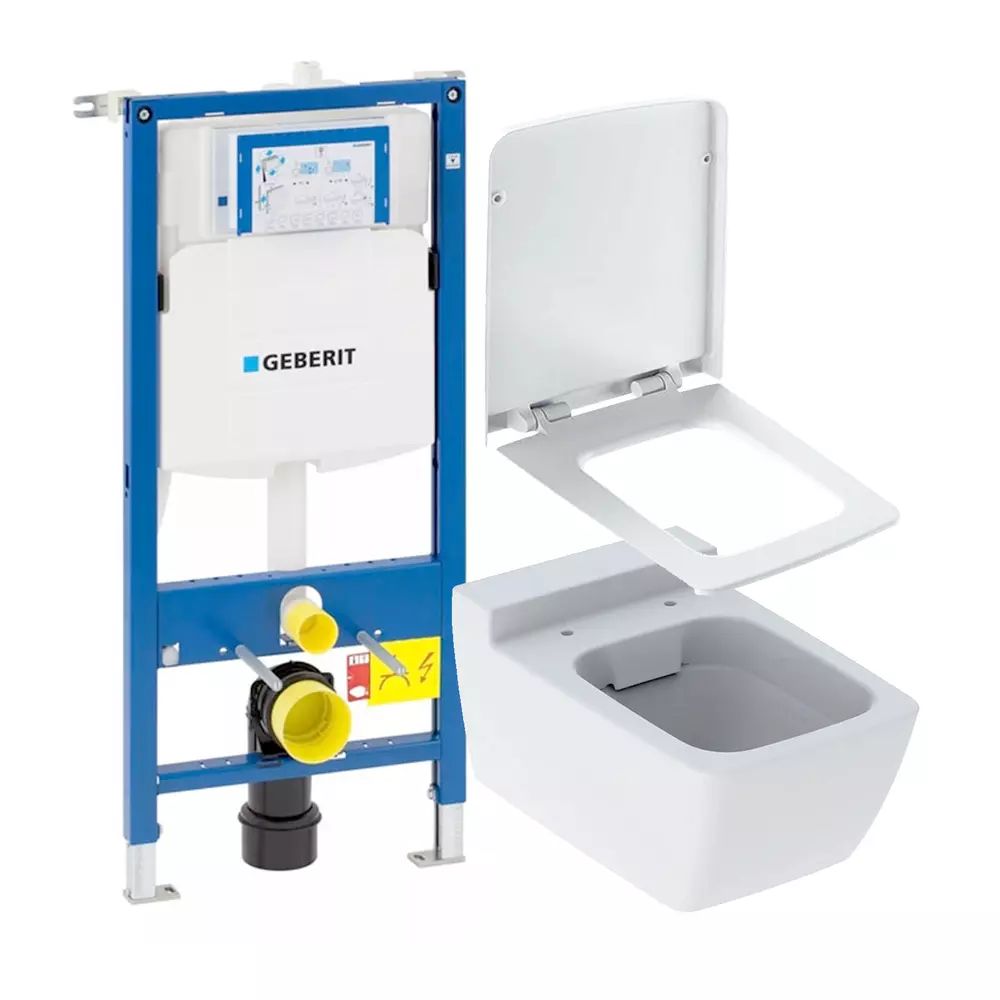 Pachet rezervor incastrat Geberit Duofix Sigma UP320 și vas wc suspendat Geberit Xeno2 rimfree cu spalare verticala alb si capac wc softclose
