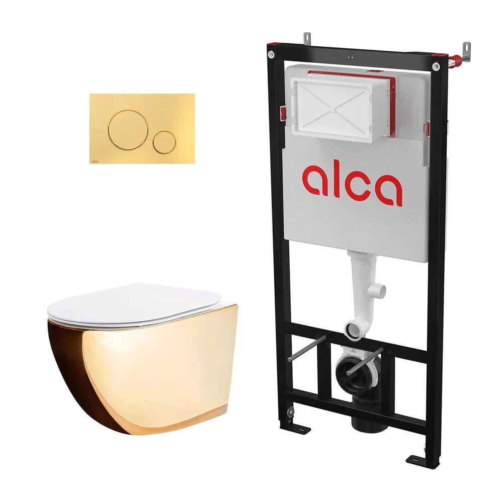 Pachet vas wc suspendat Rea Carlo, capac softclose, rama instalare Alcadrin si clapeta Thin auriu