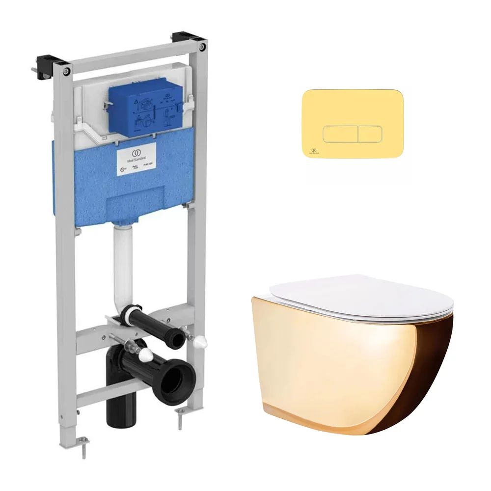 Pachet vas wc suspendat Rea Carlo, capac softclose, rezervor incastrat Ideal Standard Ideal Standard ProSys si clapeta Ideal Standard ProSys auriu