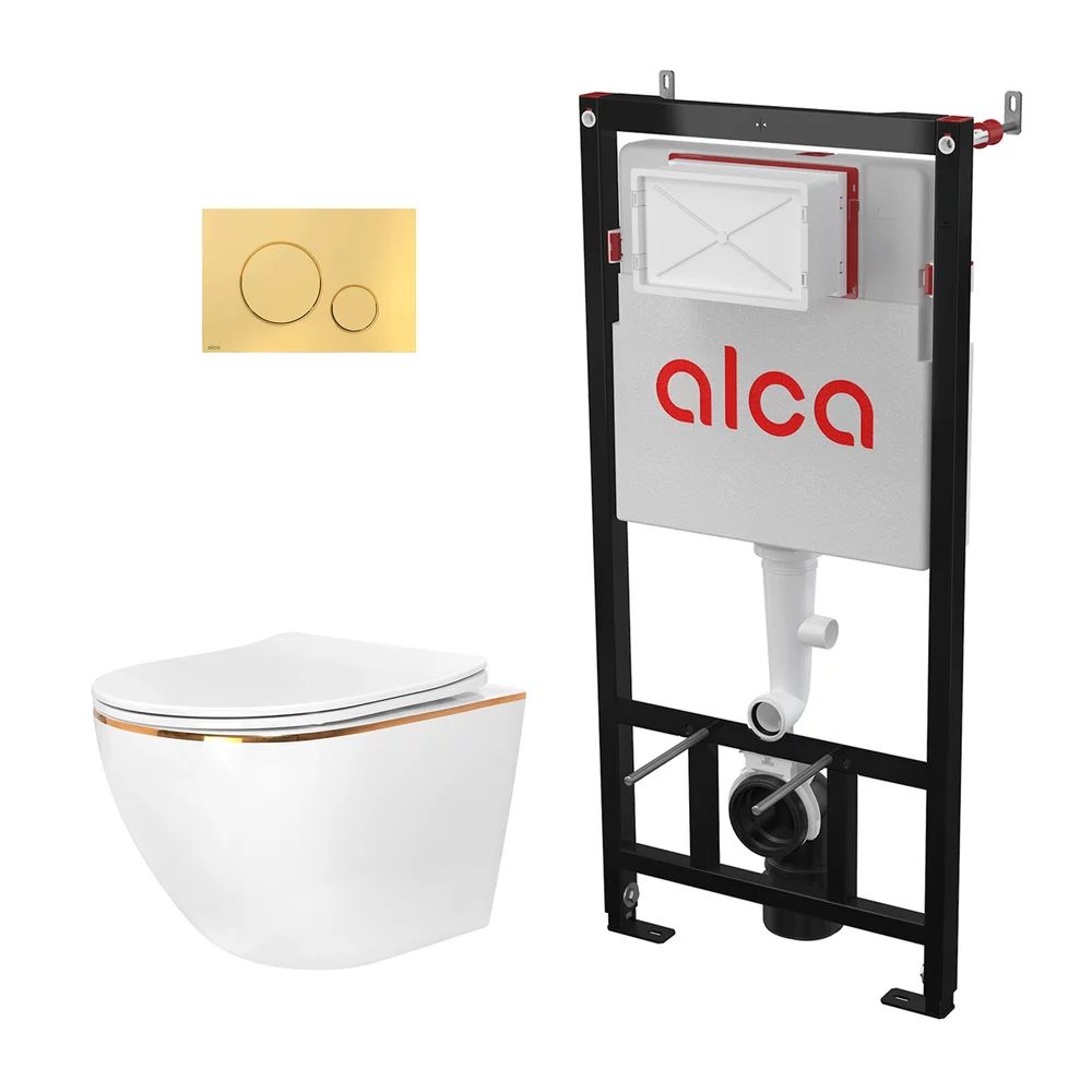 Pachet vas wc suspendat Rea Carlo, capac softclose, rama instalare Alcadrin si clapeta Thin auriu