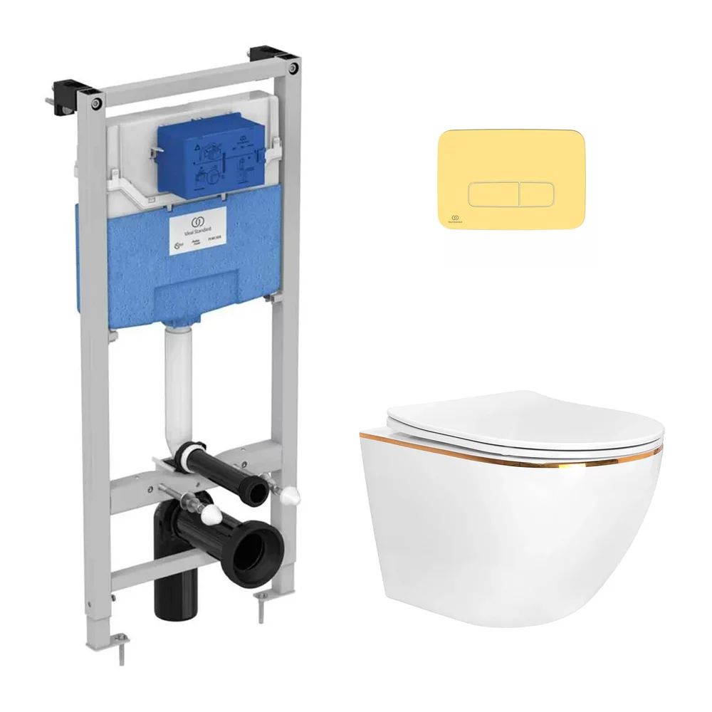 Pachet vas wc suspendat Rea Carlo, capac softclose, rezervor Ideal Standard Ideal Standard ProSys si clapeta Ideal Standard ProSys auriu