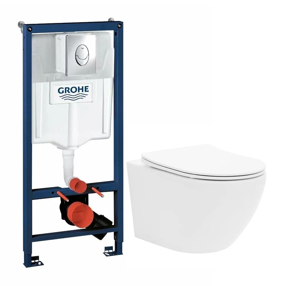 Pachet vas wc suspendat Rea Carlo, capac softclose, rezervor incastrat Grohe Rapid SL si clapeta Grohe Skate Air crom
