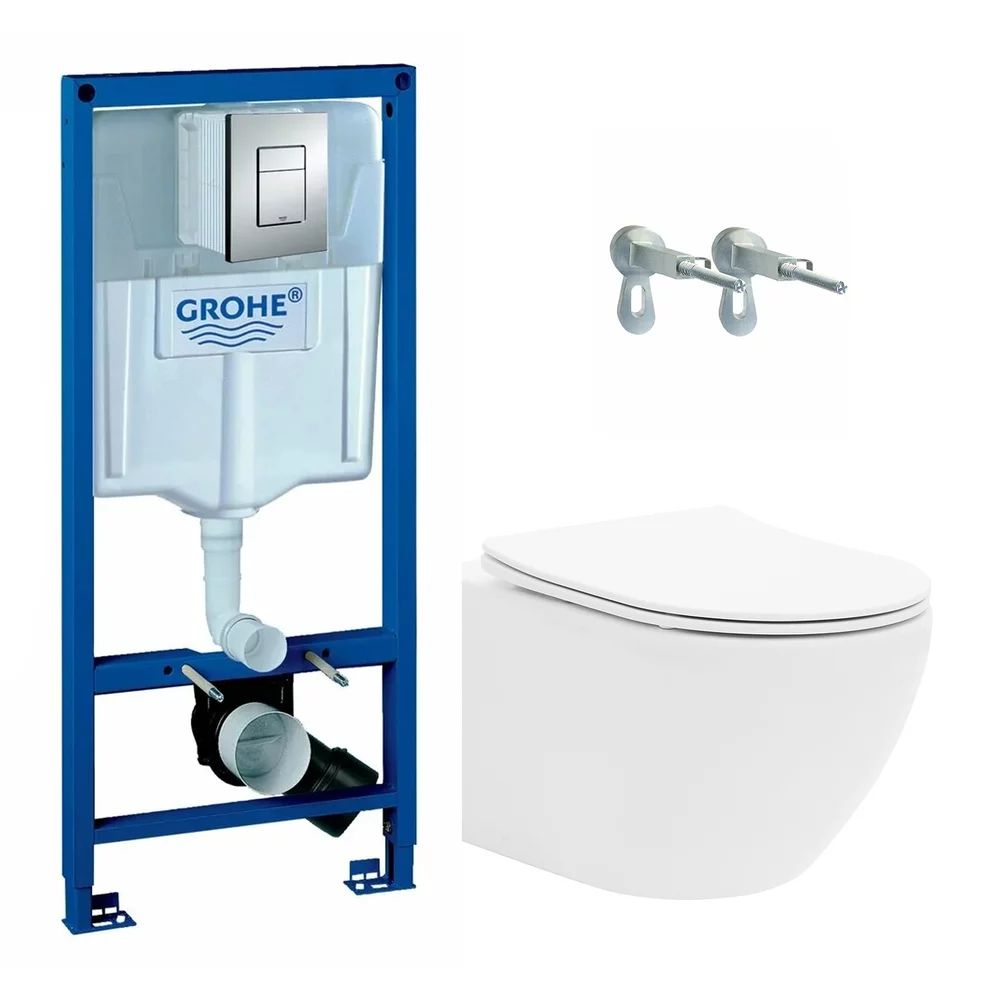 Pachet vas wc suspendat Rea Carlo, capac softclose, rezervor incastrat Grohe Rapid SL si clapeta Grohe Skate Cosmopolitan crom
