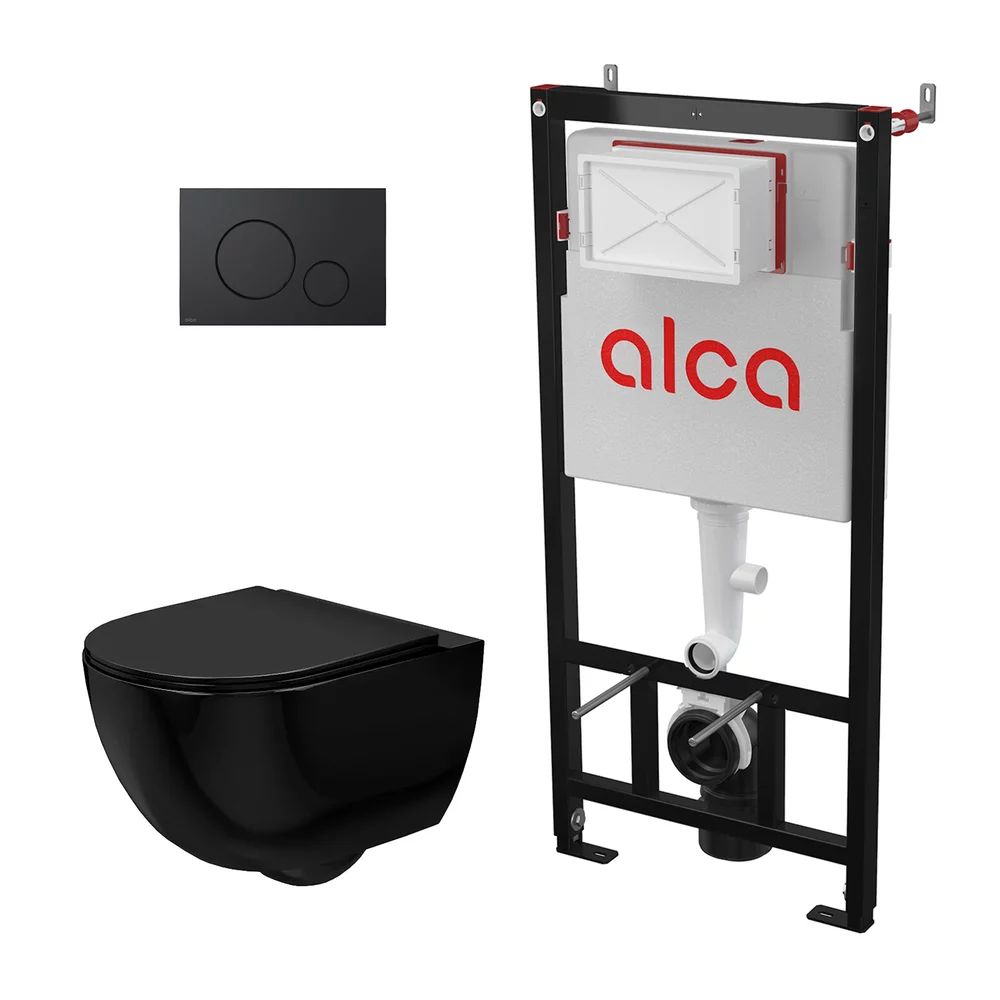 Pachet vas wc suspendat Rea Carlo, capac softclose, rama instalare Alcadrain si clapeta Alcadrain negru