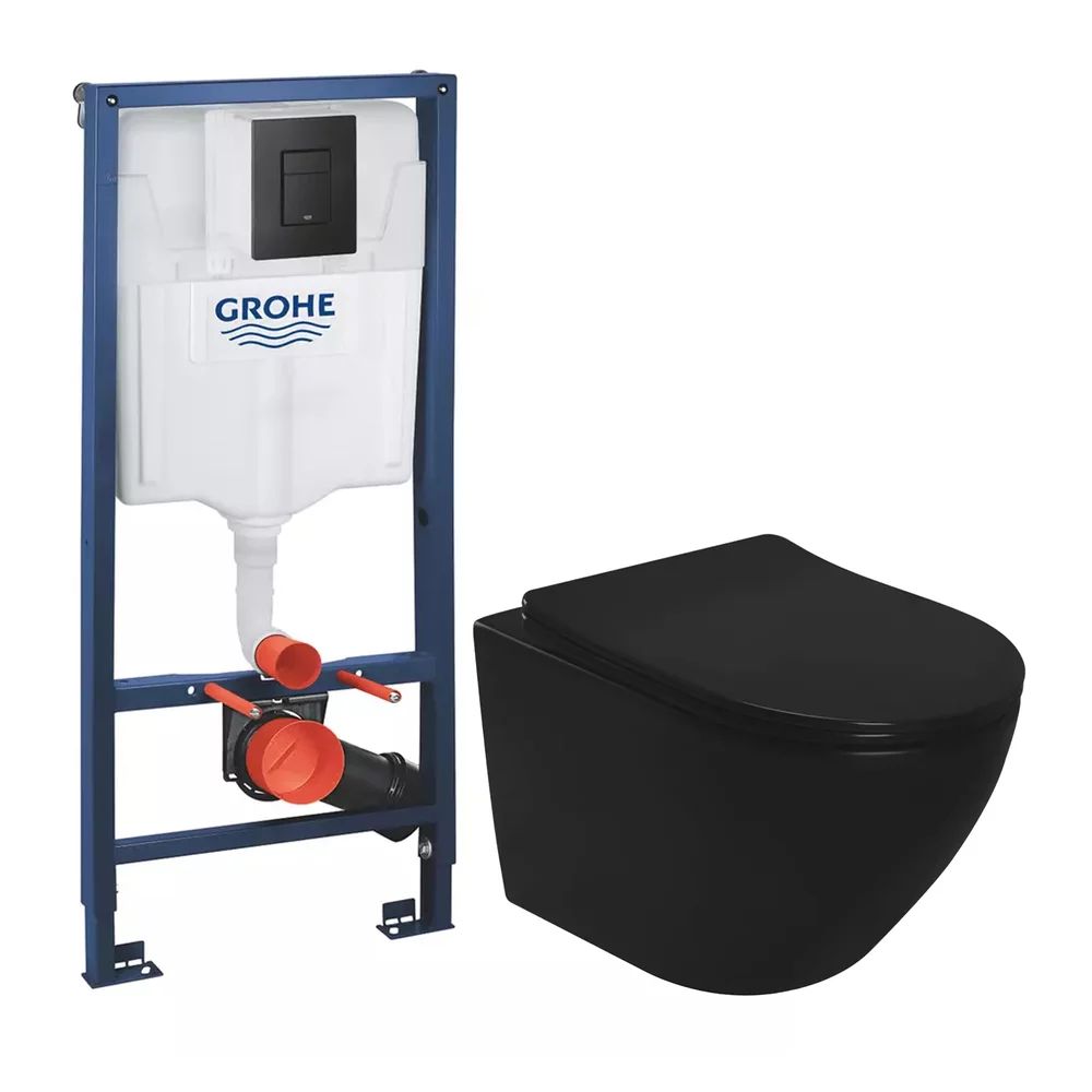 Pachet vas wc suspendat Rea Carlo, capac softclose, rezervor Grohe Rapid SL si clapeta Grohe Even negru mat