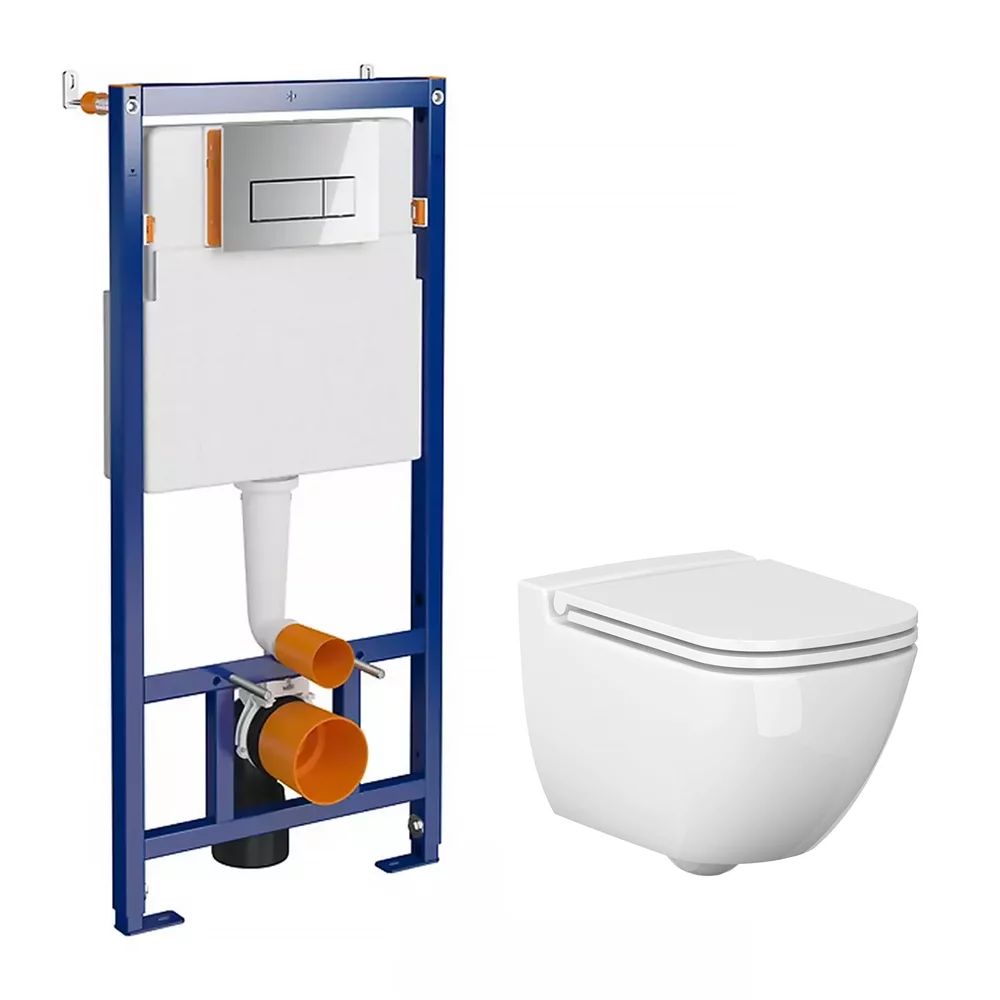 Pachet vas wc suspendat Cersanit Caspia New, capac softclose, rezervor Cersanit Tech Line Opti B652 si clapeta Cersanit B1 crom