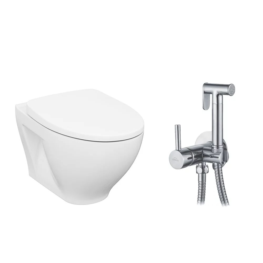 Pachet vas wc Cersanit Moduo, capac softclose si set dus igiena intima crom cu baterie incastrata Invena Bidetta crom