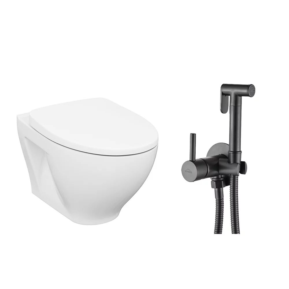 Pachet vas wc suspendat Cersanit Moduo, capac softclose si set dus igiena intima negru cu baterie incastrata Invena Bidetta