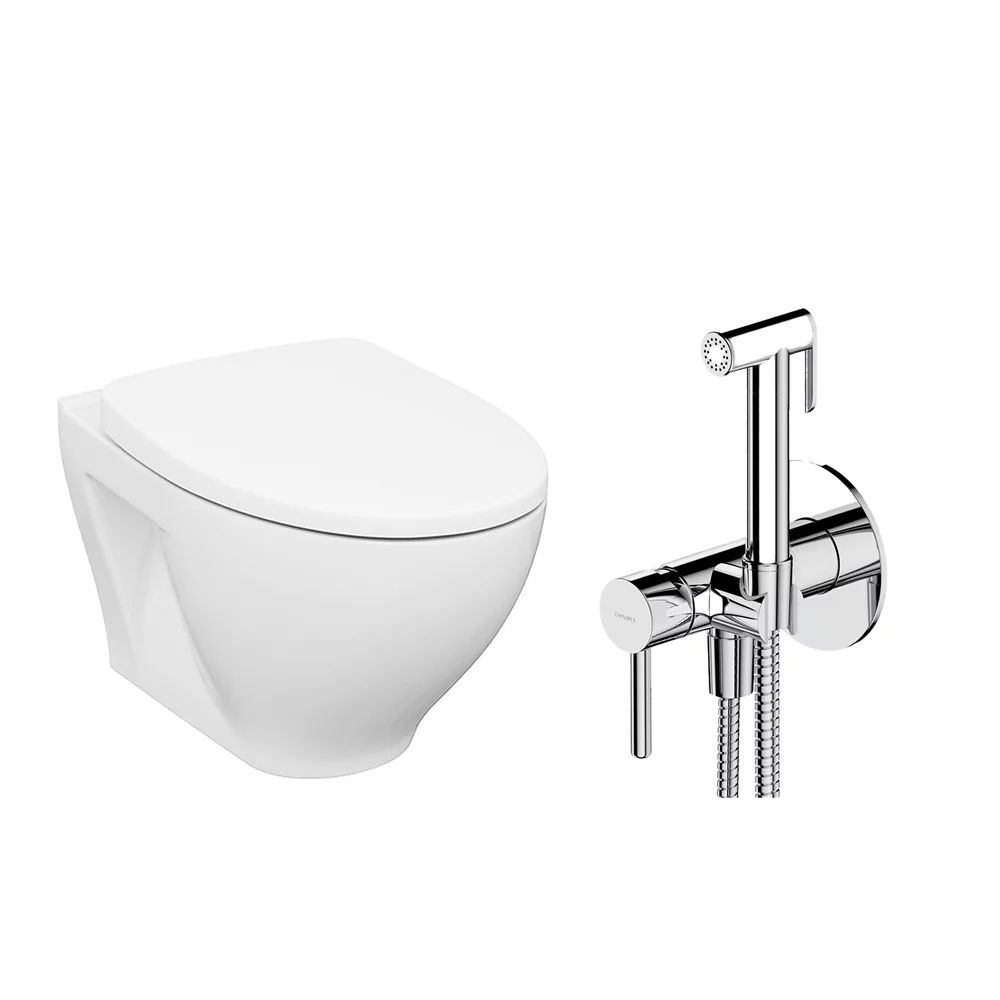 Pachet vas wc suspendat Cersanit Moduo, capac softclose si set dus igiena intima crom cu baterie incastrata Omnires Y