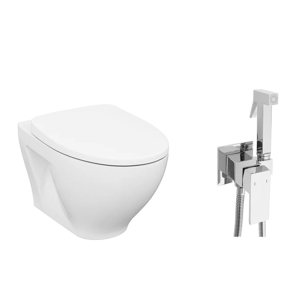Pachet vas wc suspendat Cersanit Moduo, capac softclose si set dus igiena intima crom cu baterie incastrata Rea Fenix