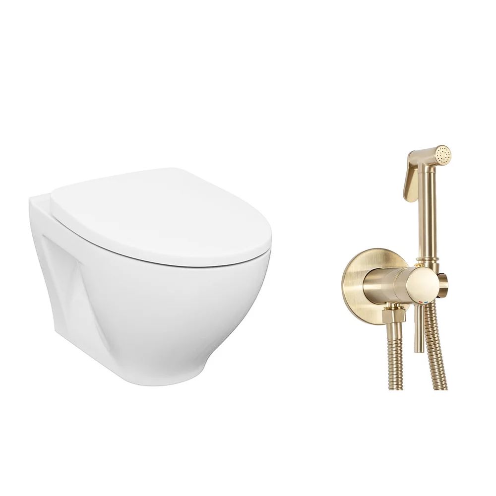 Pachet vas wc suspendat Cersanit Moduo, capac soft-close si set dus igiena intima auriu cu baterie incastrata Rea Loop