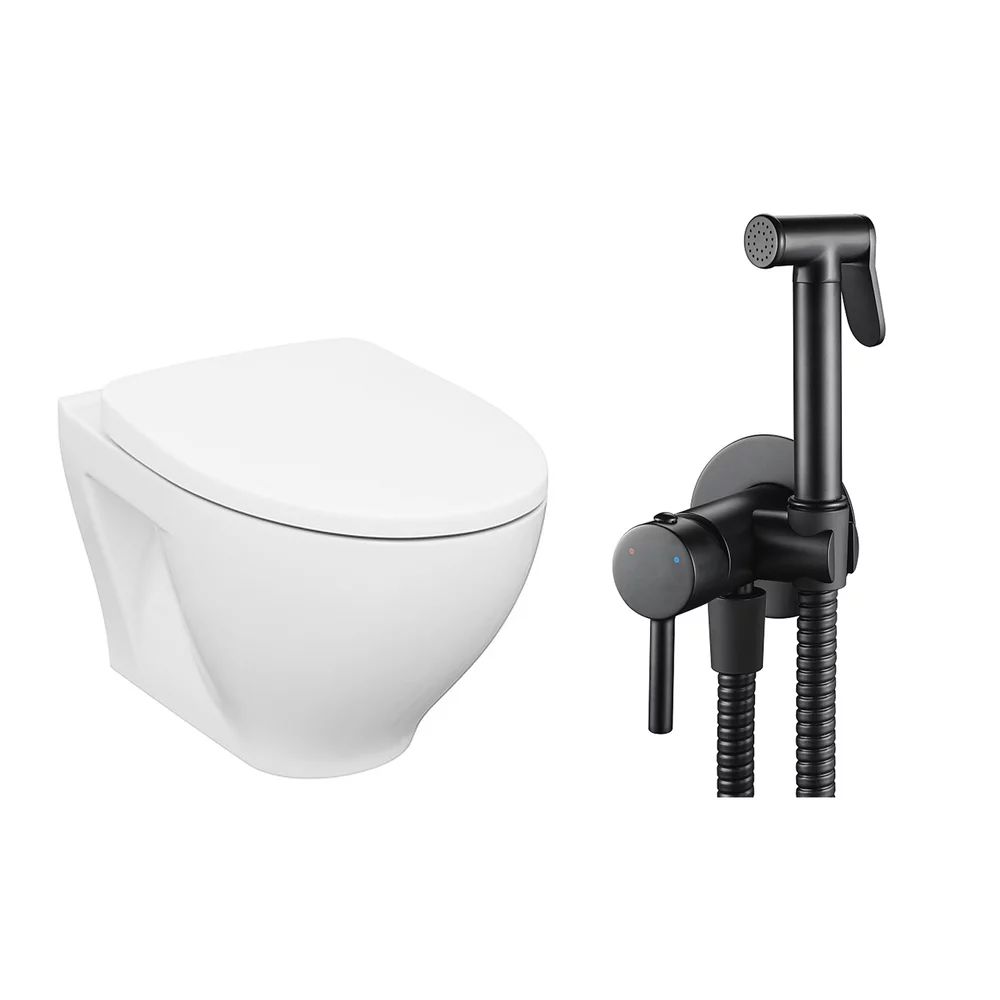 Pachet vas wc suspendat Cersanit Moduo, capac softclose si set dus igiena intima negru cu baterie incastrata Rea Loop