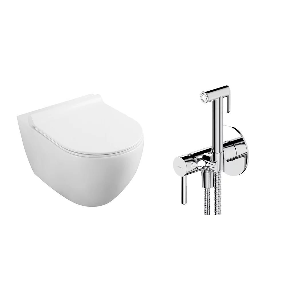 Pachet vas wc suspendat Fluminia, capac softclose si set dus igiena intima crom cu baterie incastrata Omnires Y
