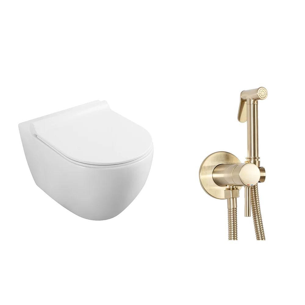 Pachet vas wc suspendat Fluminia, capac softclose si set dus igiena intima auriu cu baterie incastrata Rea Loop