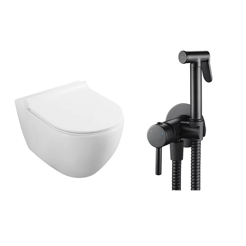 Pachet vas wc suspendat Fluminia, capac softclose si set dus igiena intima negru cu baterie incastrata Rea Loop