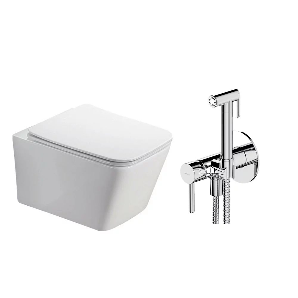 Pachet vas wc suspendat Fluminia Paris, capac softclose si set dus igiena intima crom cu baterie incastrata Omnires Y