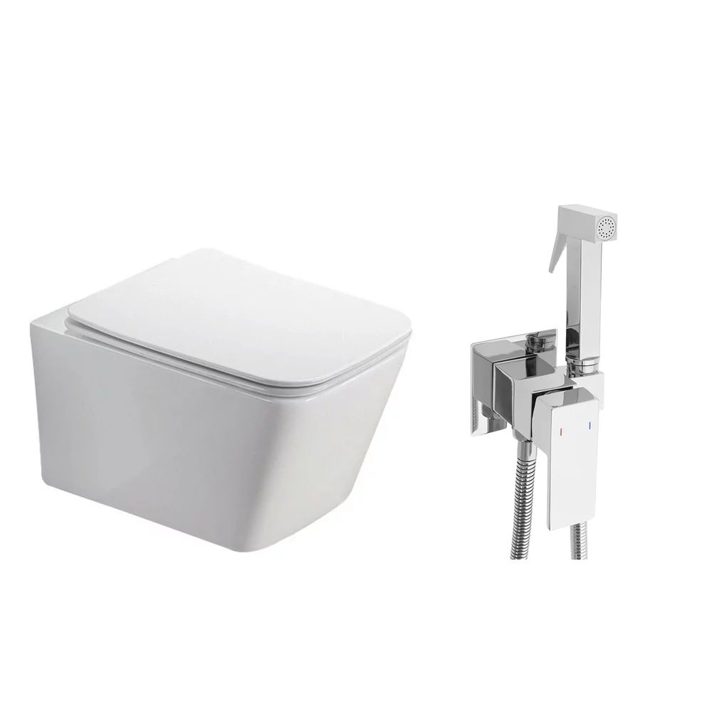 Pachet vas wc suspendat Fluminia Paris, capac softclose si set dus igiena intima crom cu baterie incastrata Rea Fenix