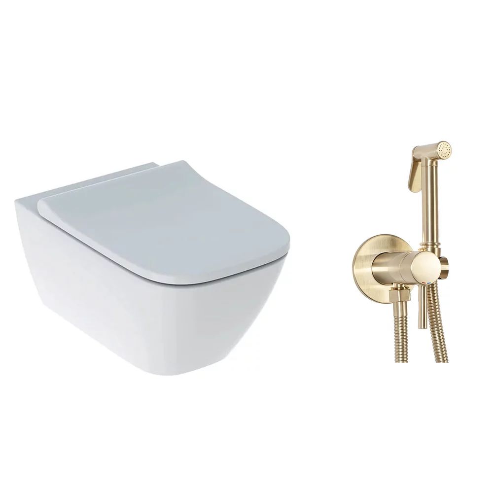 Pachet vas wc suspendat Geberit Smyle, capac softclose si set dus igiena intima auriu cu baterie incastrata Rea Loop