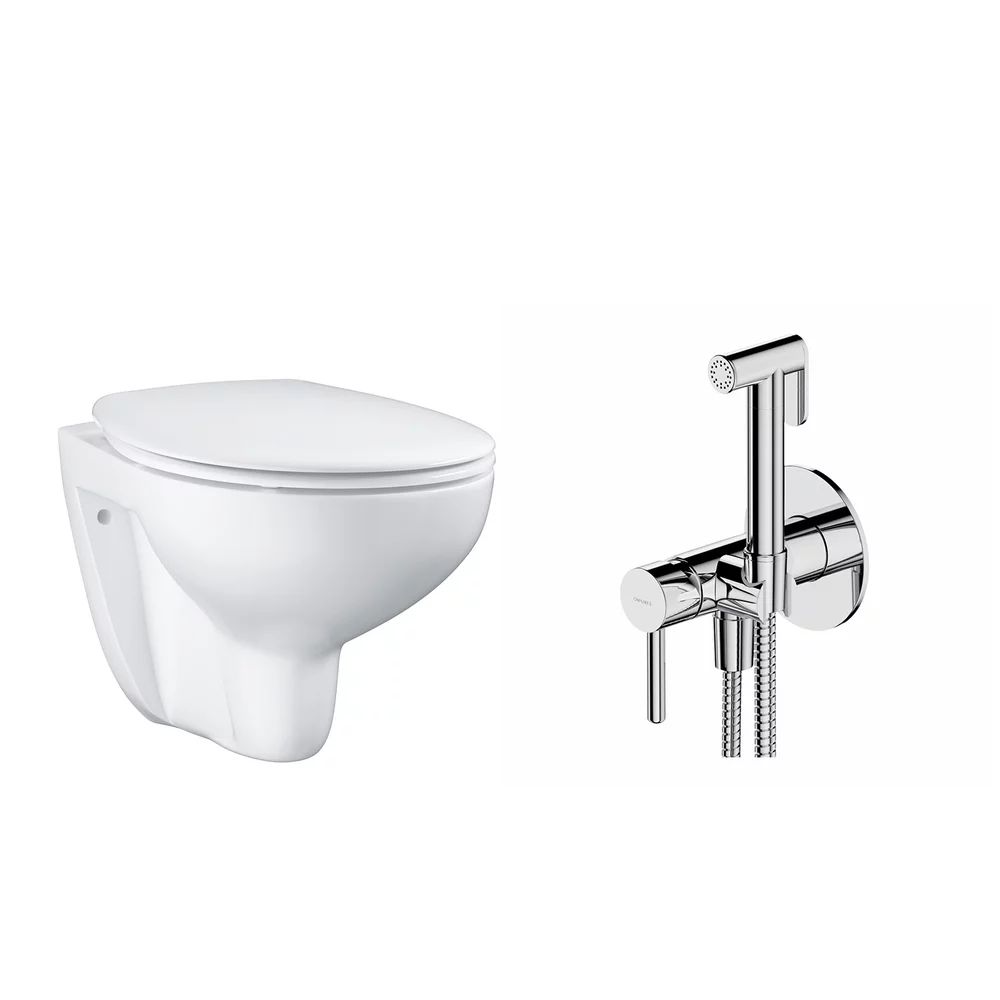 Pachet vas wc suspendat Grohe Bau Ceramic, capac softclose si set dus igiena intima crom cu baterie incastrata Omnires Y