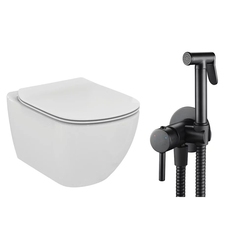 Pachet vas wc suspendat Ideal Standard Tesi, capac softclose si set dus igiena intima negru cu baterie incastrata Rea Loop