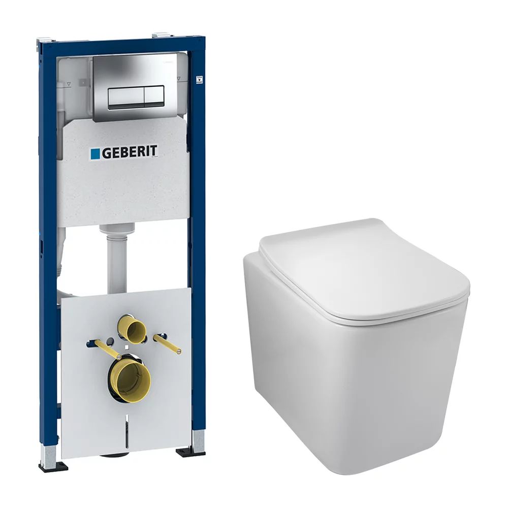 Pachet vas wc suspendat rimless Balneo Luga, capac softclose, rezervor incastrat si clapeta Geberit Dufix Delta crom