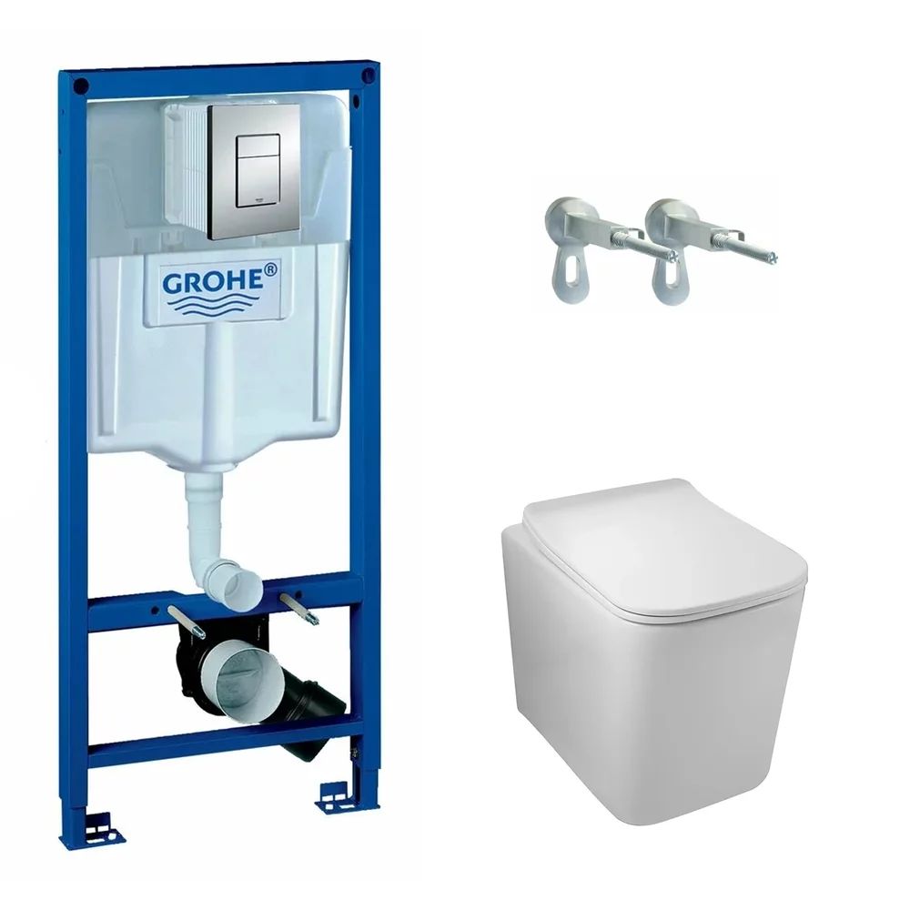 Pachet vas wc suspendat rimless Balneo Luga, capac softclose, rezervor Grohe Rapid SL si clapeta Grohe Skate Cosmopolitan crom