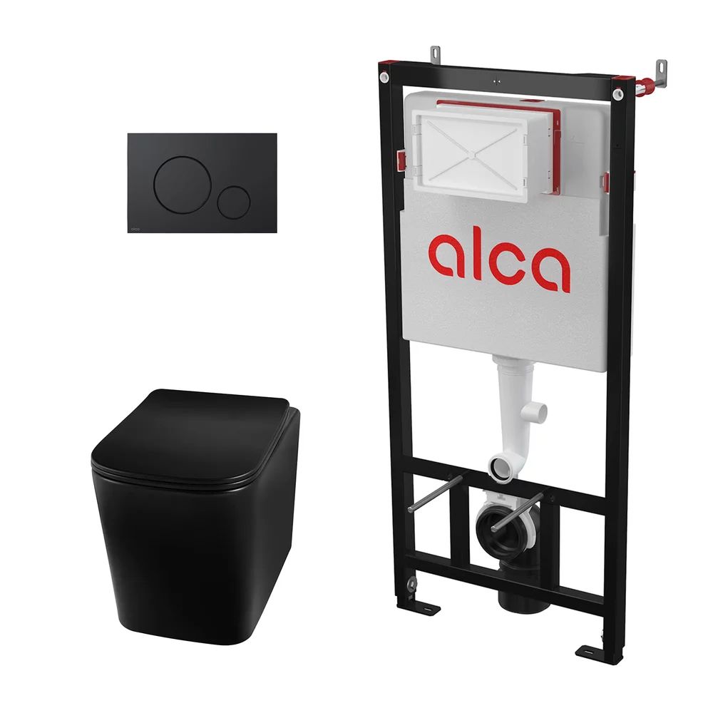 Pachet vas wc suspendat Rea Luga cu capac softclose, rama instalare Alcadrain si clapeta Alcadrain negru