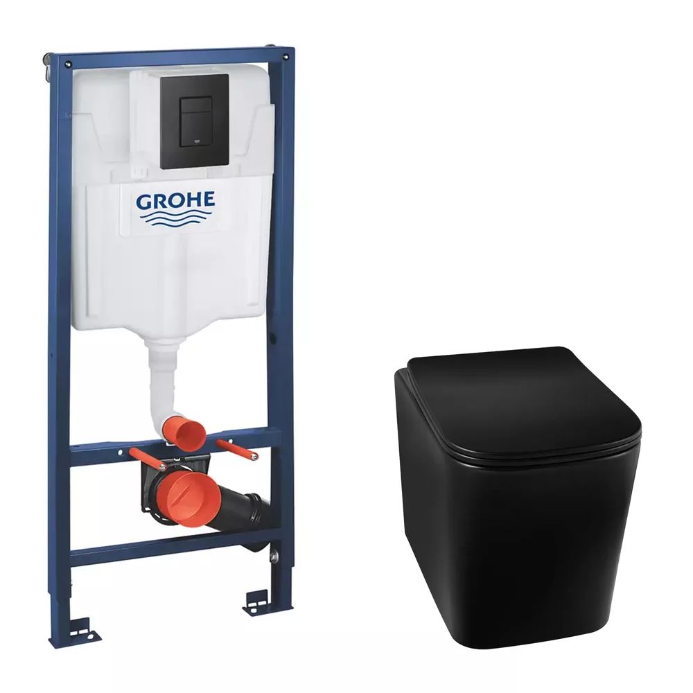 Pachet vas wc suspendat rimless Balneo Luga, capac softclose, rezervor Grohe Rapid SL si clapeta Grohe Even negru mat