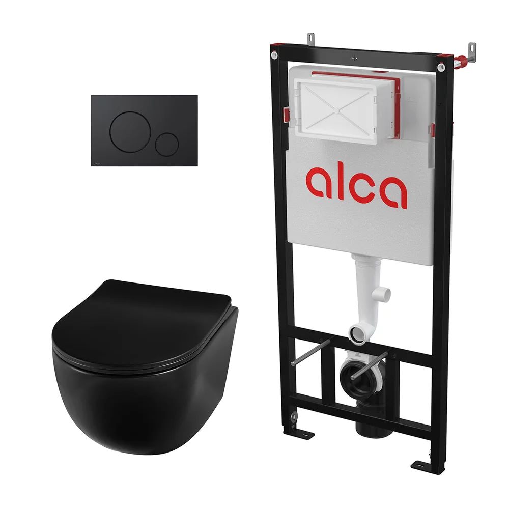 Pachet vas wc suspendat Balneo Luna, capac softclose, rama instalare Alcadrian si clapeta de actionare Alcadrain negru