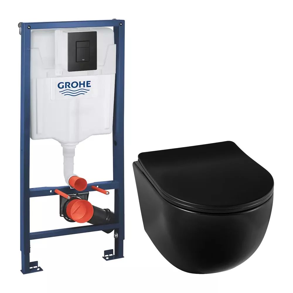 Pachet vas wc suspendat rimless Balneo Luna, capac softclose, rezervor Grohe Rapid SL si clapeta Grohe Even negru mat