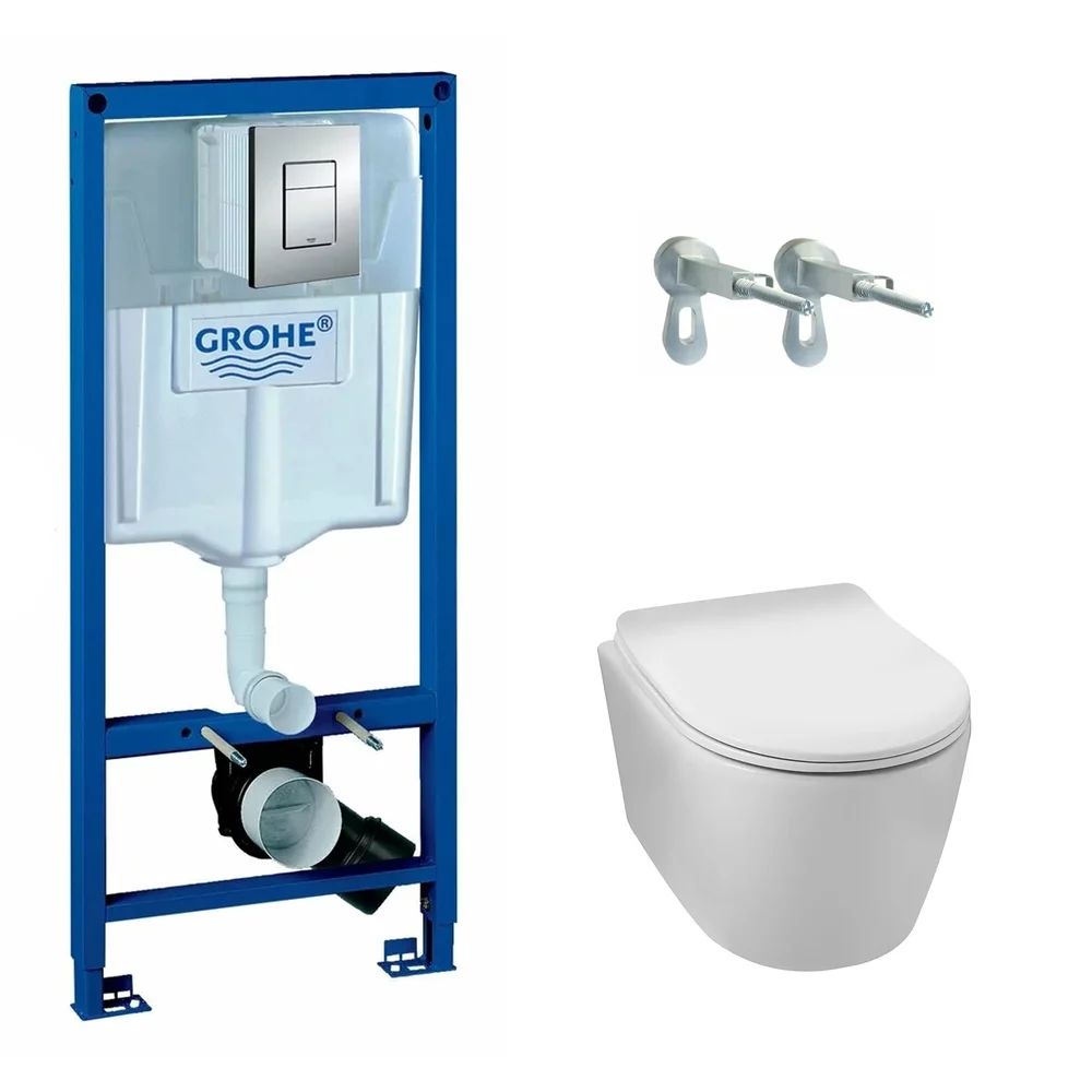 Pachet vas wc suspendat rimless Balneo Luxa, capac softclose, rezervor Grohe Rapid SL si clapeta Grohe Skate Cosmopolitan crom