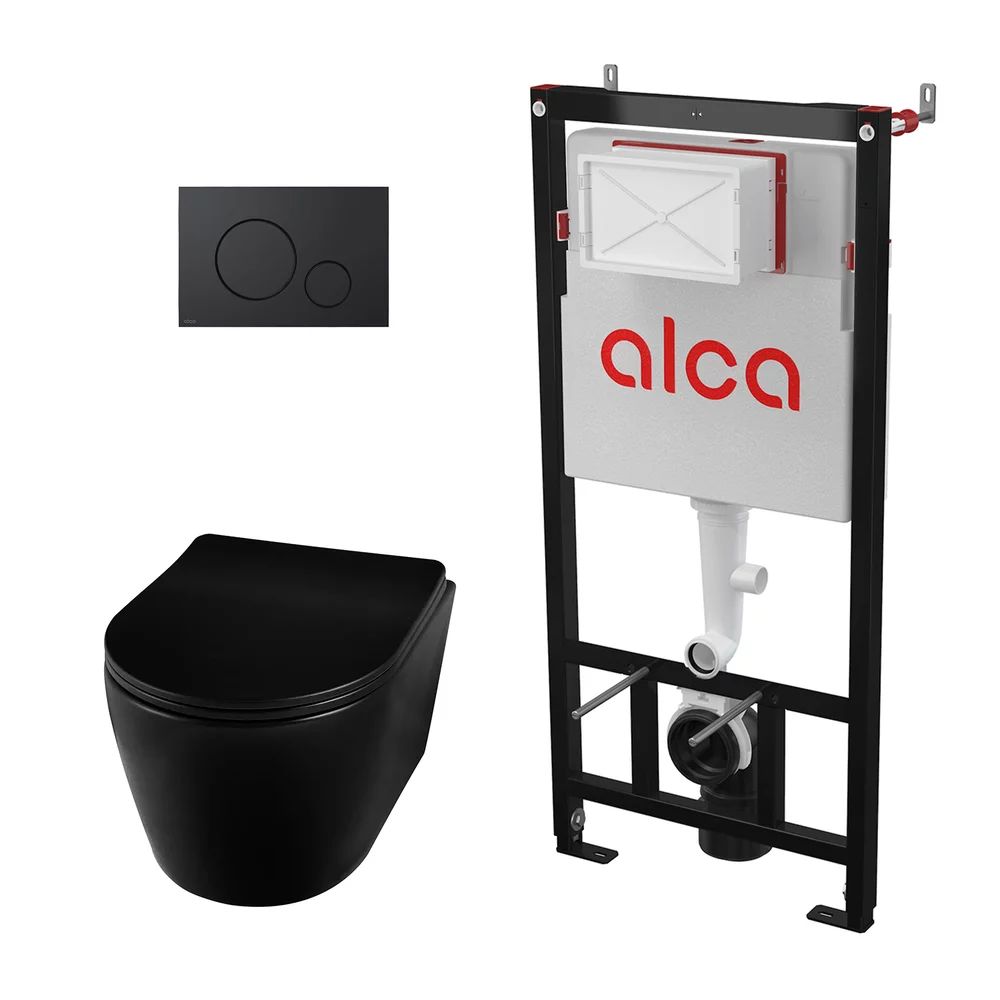 Pachet vas wc suspendat Balneo Luxa, capac softclose, rama instalare Alcadrain si clapeta Alcadrain negru mat