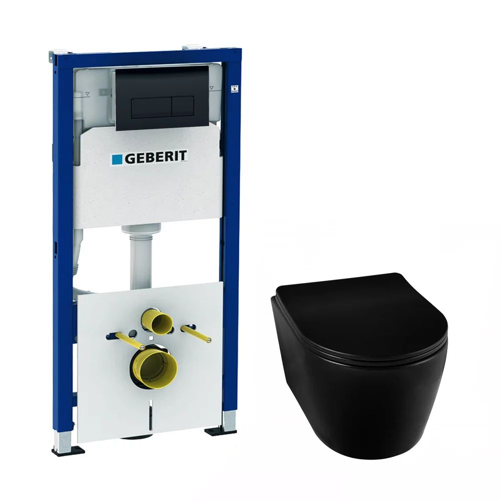 Pachet vas wc suspendat rimless Balneo Luxa, capac softclose, rezervor clapeta Geberit Duofix Delta negru