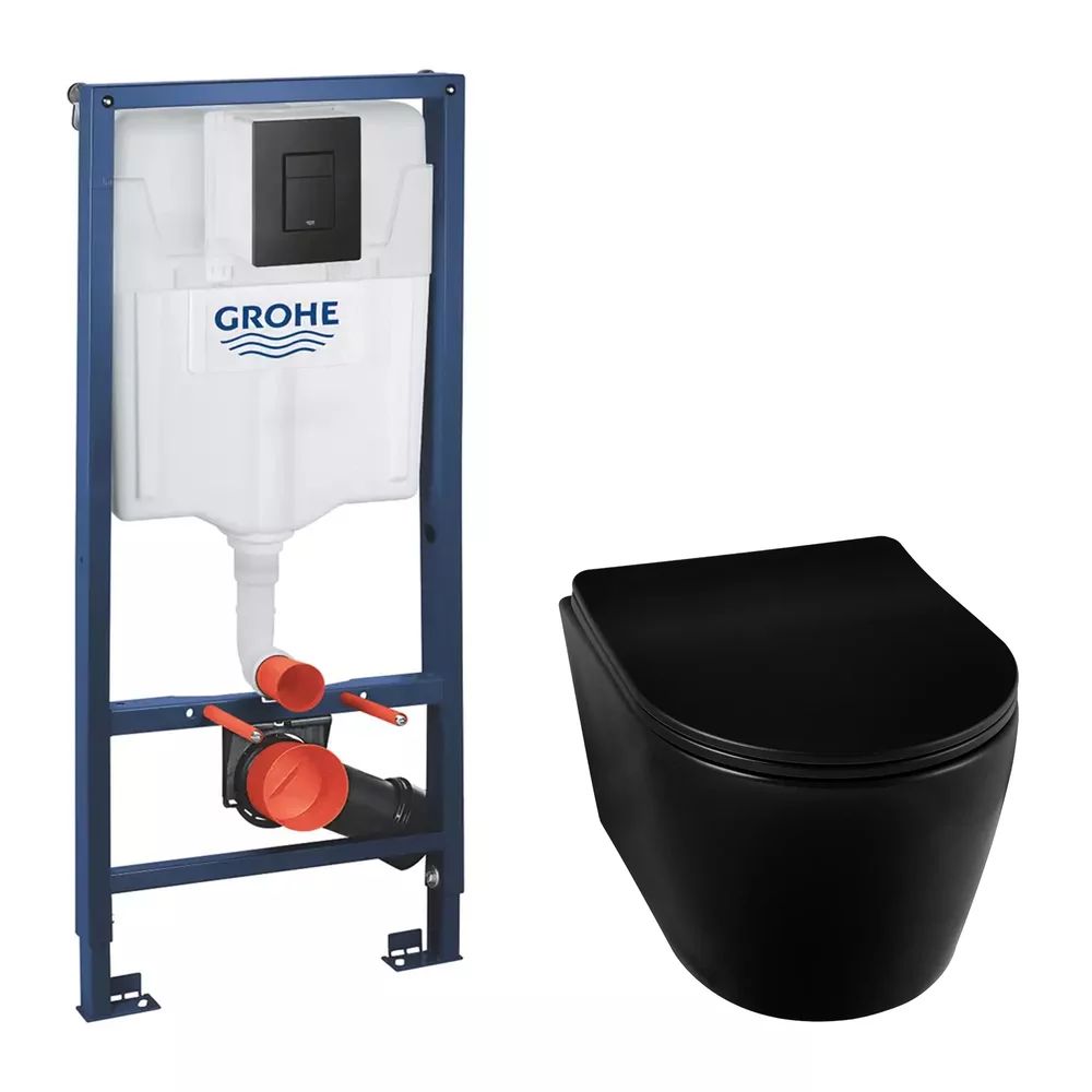 Pachet vas wc suspendat rimless Balneo Luxa, capac softclose, rezervor incastrat Grohe Even si clapeta Grohe Even negru mat