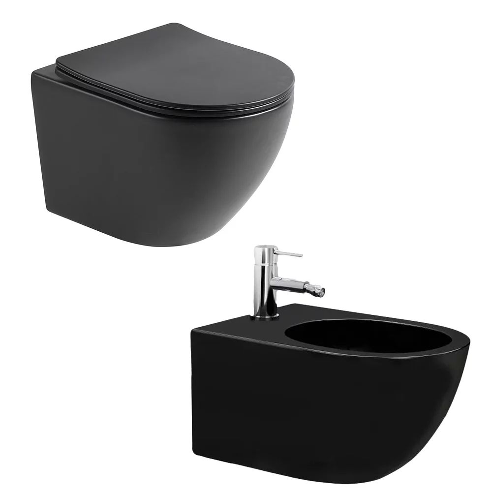 Pachet vas wc negru mat, capac slim softclose si bideu suspendat negru mat Rune Ivaldi