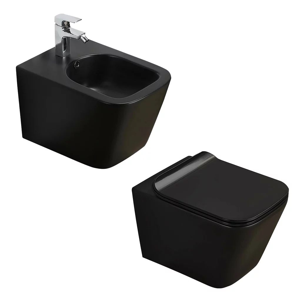 Pachet vas wc negru mat, capac slim softclose si bideu suspendat negru mat Rune Jord