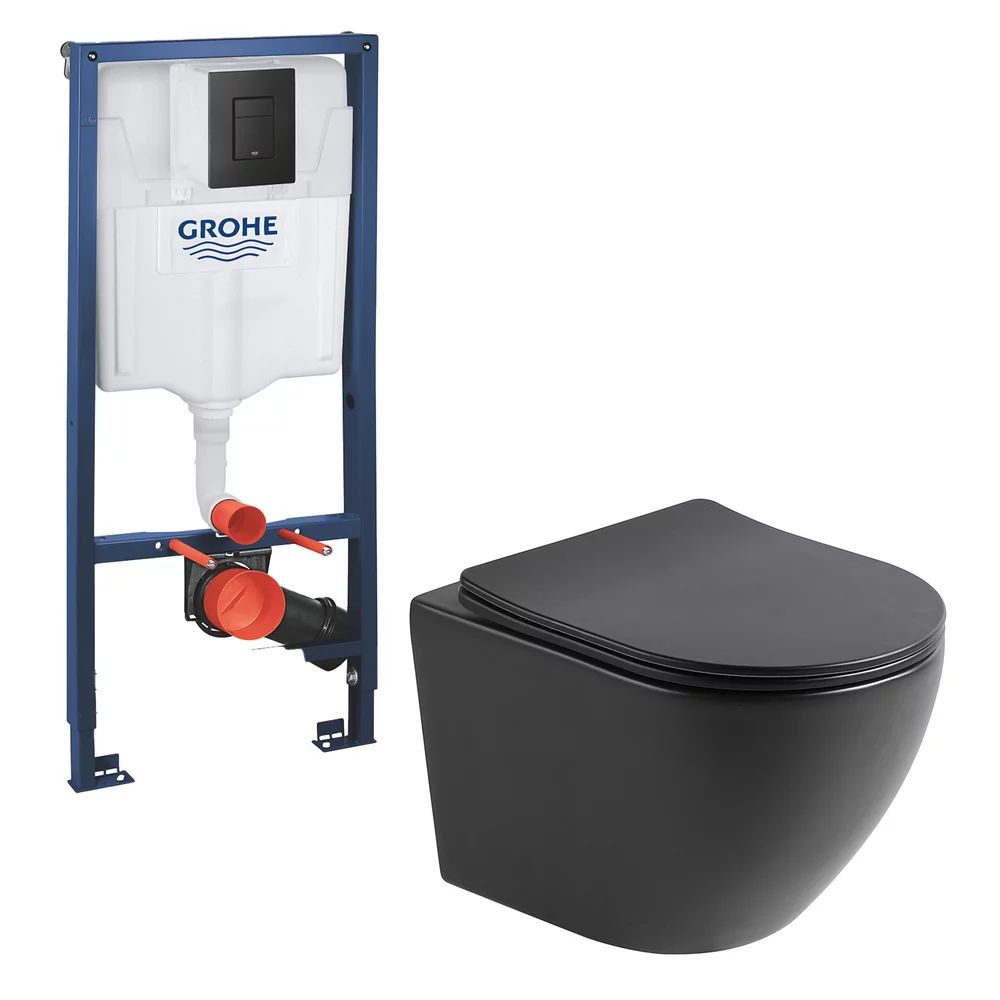Pachet vas wc negru mat Rune Ivaldi, capac slim softclose si rezervor Grohe Solido 3 in 1 cu clapeta neagra Even