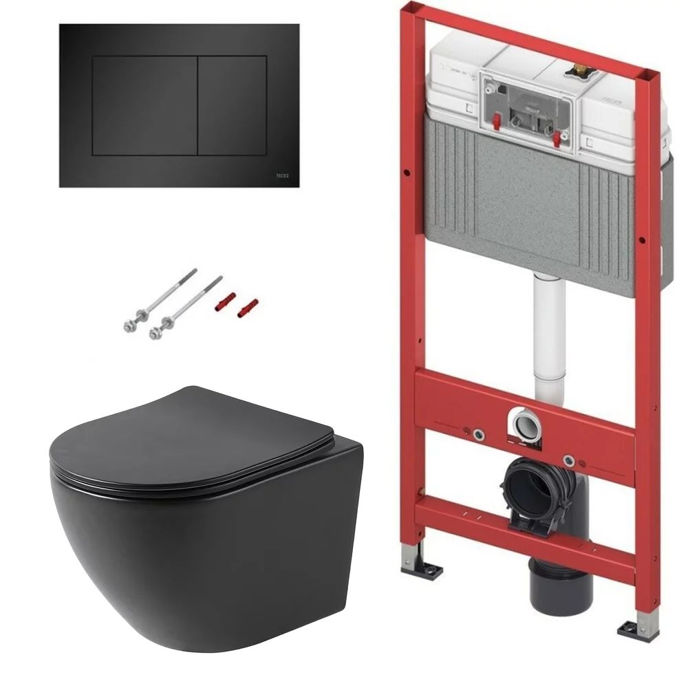 Pachet vas wc negru mat Rune Ivaldi, capac slim softclose si rezervor TECEbase si clapeta TECEnow negru mat