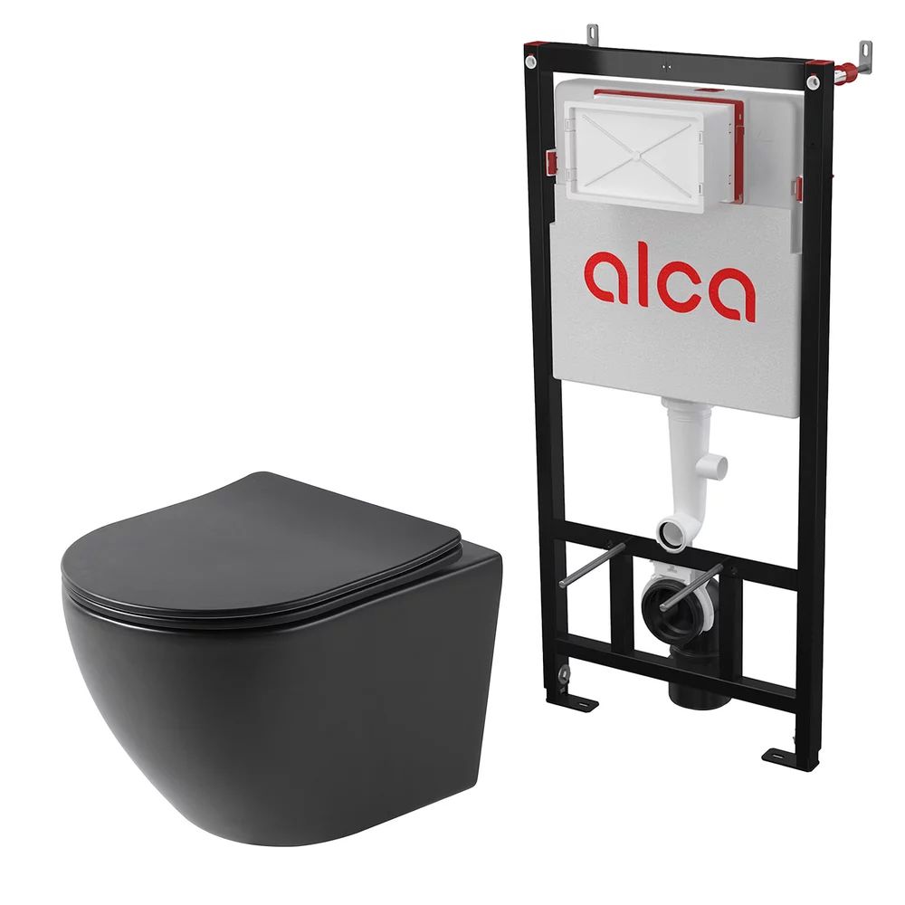 Pachet vas wc negru mat Rune Ivaldi, capac slim softclose si rezervor wc cu cadru incastrat Alcadrain Sadromodul AM101/1120