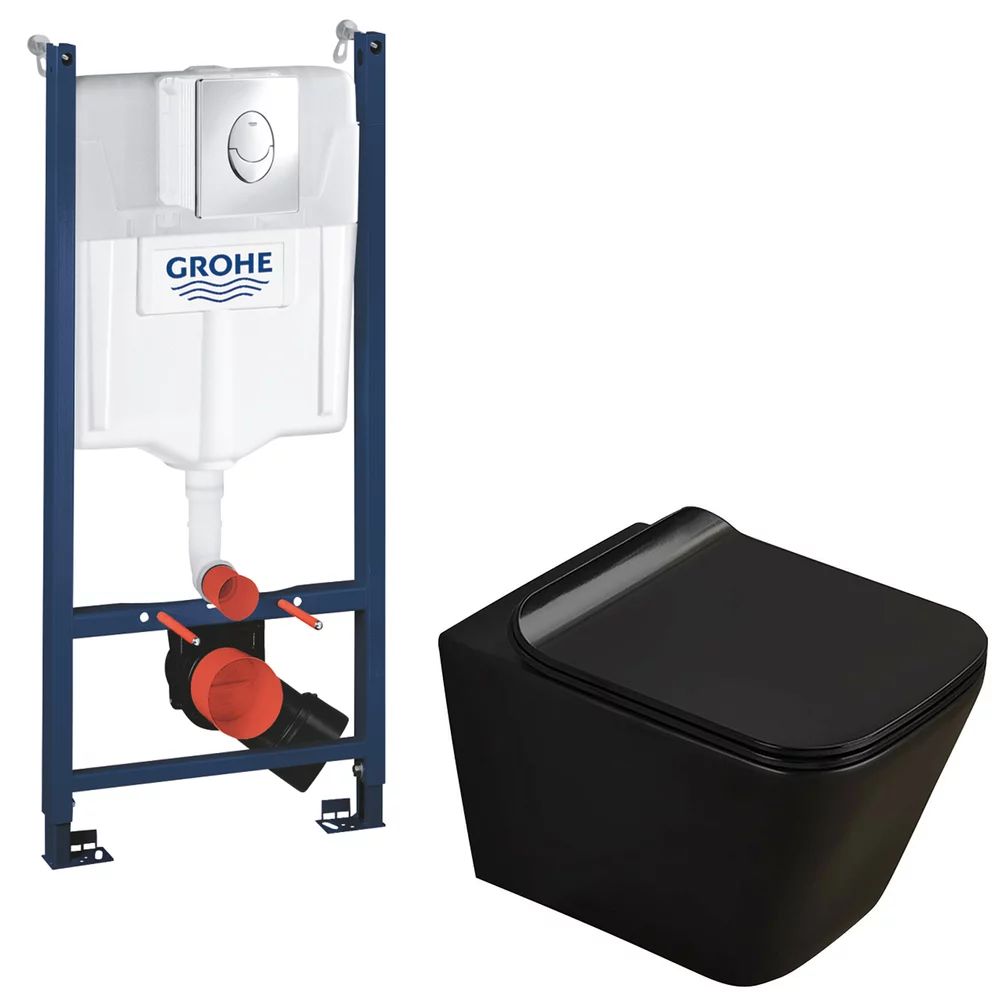 Pachet vas wc negru mat Rune Jord, capac slim softclose si rezervor Grohe Rapid SL cu clapeta cromata Skate Air