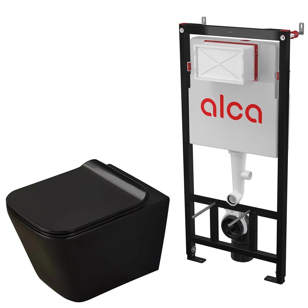 Pachet vas wc negru mat Rune Jord, capac slim softclose si rezervor wc cu cadru incastrat Alcadrain Sadromodul AM101/1120