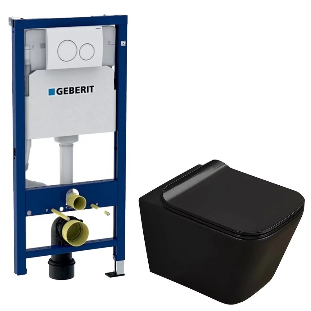 Pachet vas wc negru mat Rune Jord, capac slim softclose si set rezervor wc cu cadru incastrat Geberit Duofix si clapeta alba Delta20