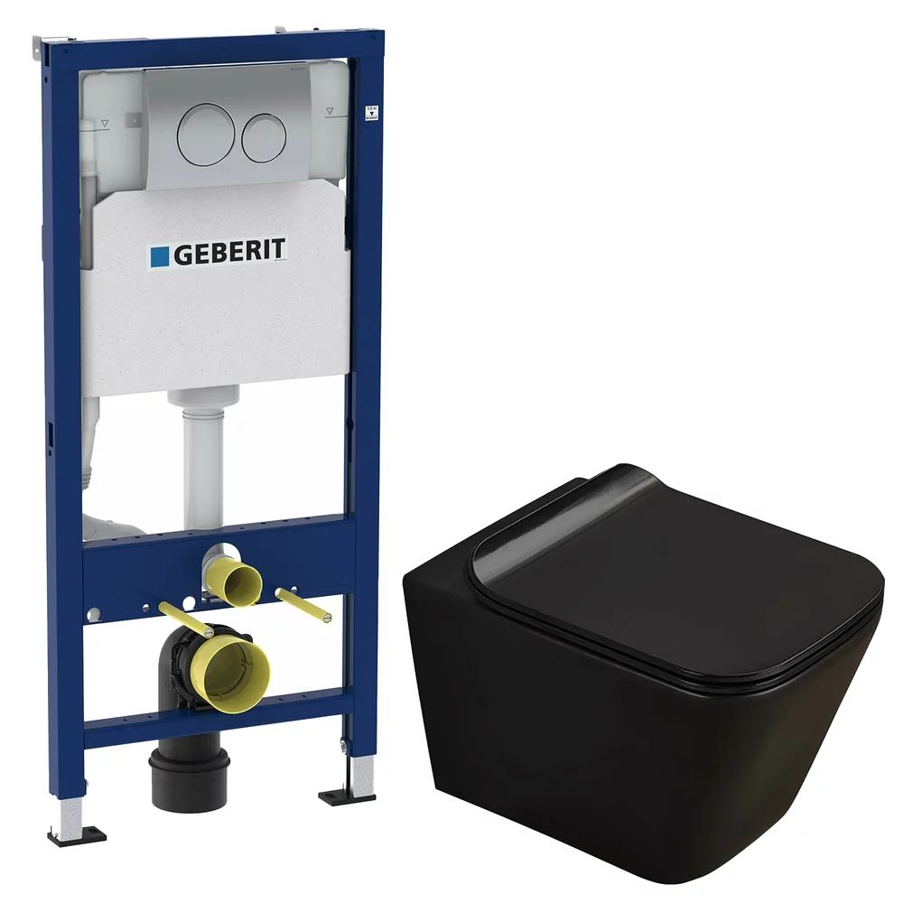Pachet vas wc negru mat Rune Jord, capac slim softclose si set rezervor wc cu cadru incastrat Geberit Duofix si clapeta crom Delta20