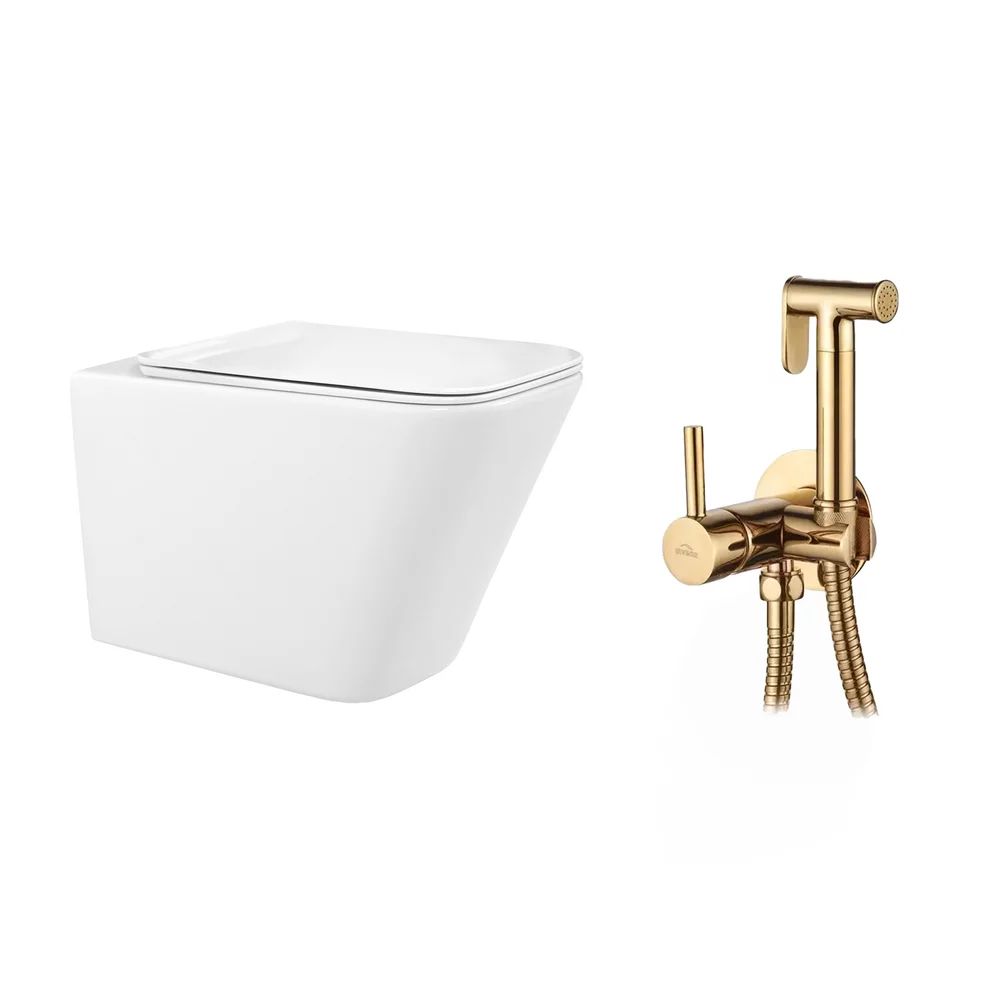 Pachet vas wc suspendat Rea, capac softclose si set dus igiena intima auriu cu baterie incastrata Invena Bidetta