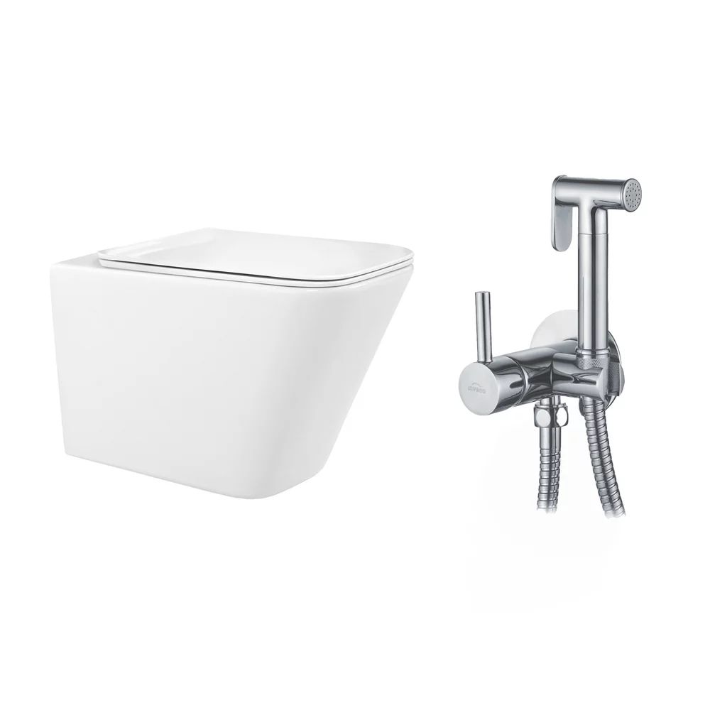 Pachet vas wc suspendat Rea, capac softclose si set dus igiena intima crom cu baterie incastrata Invena Bidetta