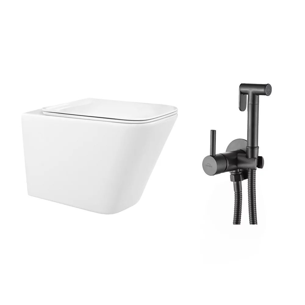 Pachet vas wc suspendat Rea, capac softclose si set dus igiena intima negru cu baterie incastrata Invena Bidetta