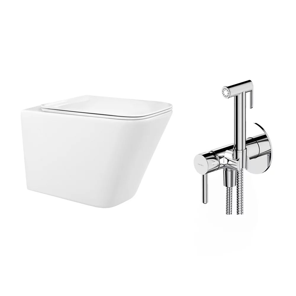 Pachet vas wc suspendat Rea, capac softclose si set dus igiena intima crom cu baterie incastrata Omnires Y